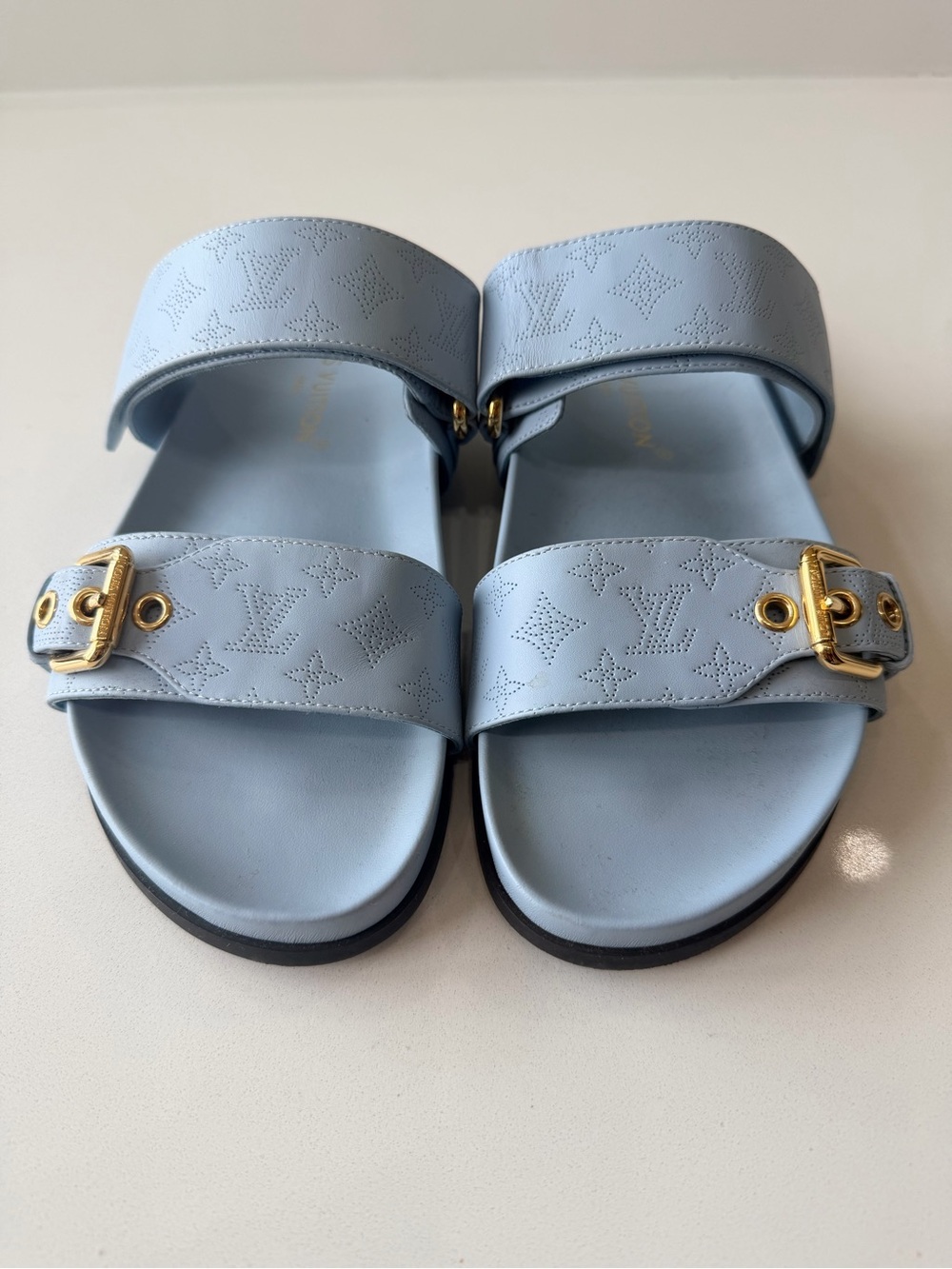 Louis Vuitton Powder Blue Monogram Perforated Double-Strap Slides